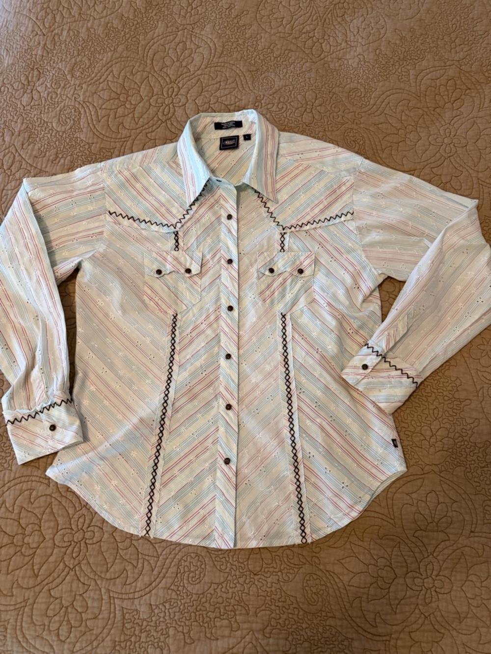 Cruel Girl Western Style Embroidered Snap Shirt Pastel Stripe Eyelet Rodeo, Sz L - Picture 7 of 14